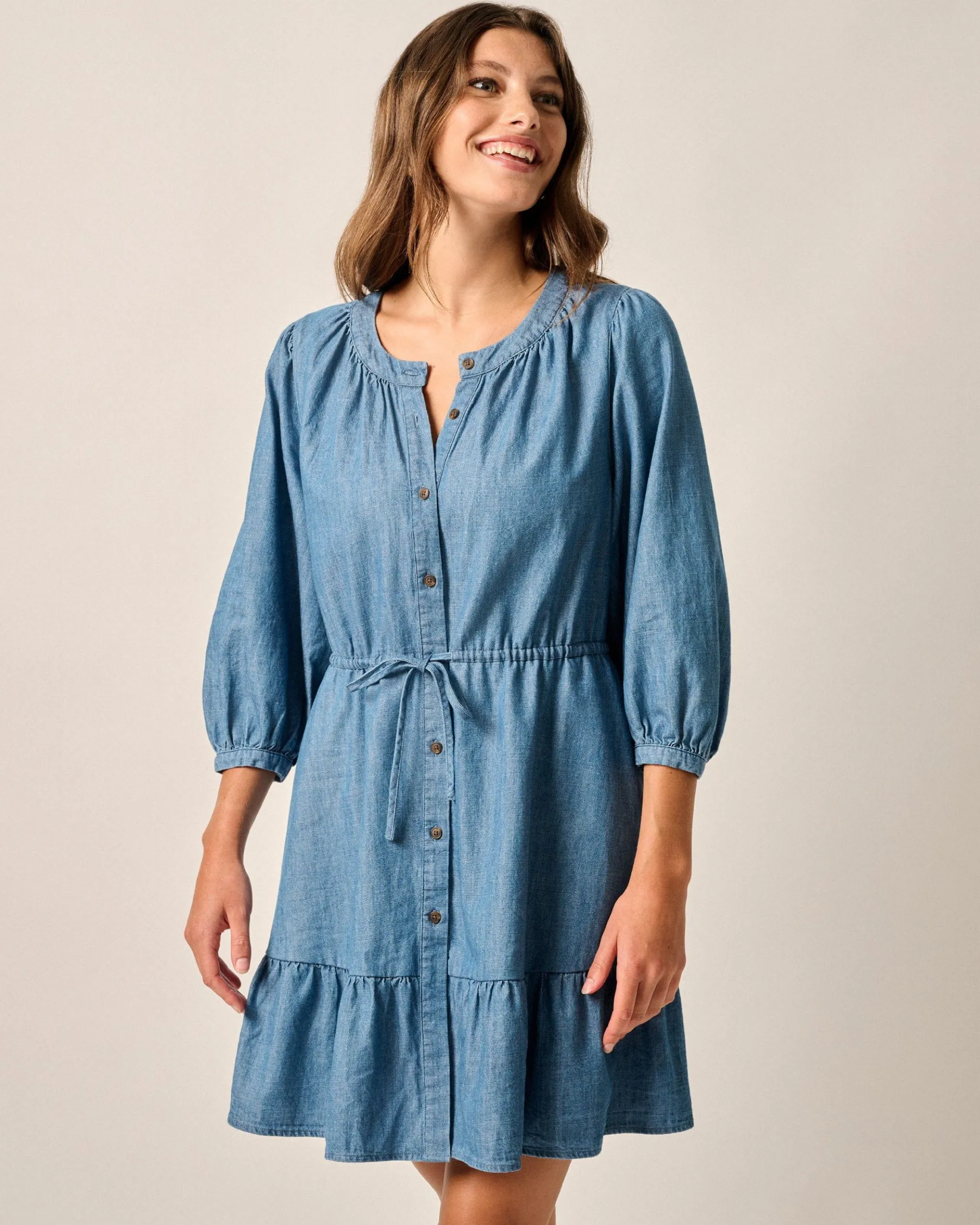 Becca Tiered Chambray Mini Dress