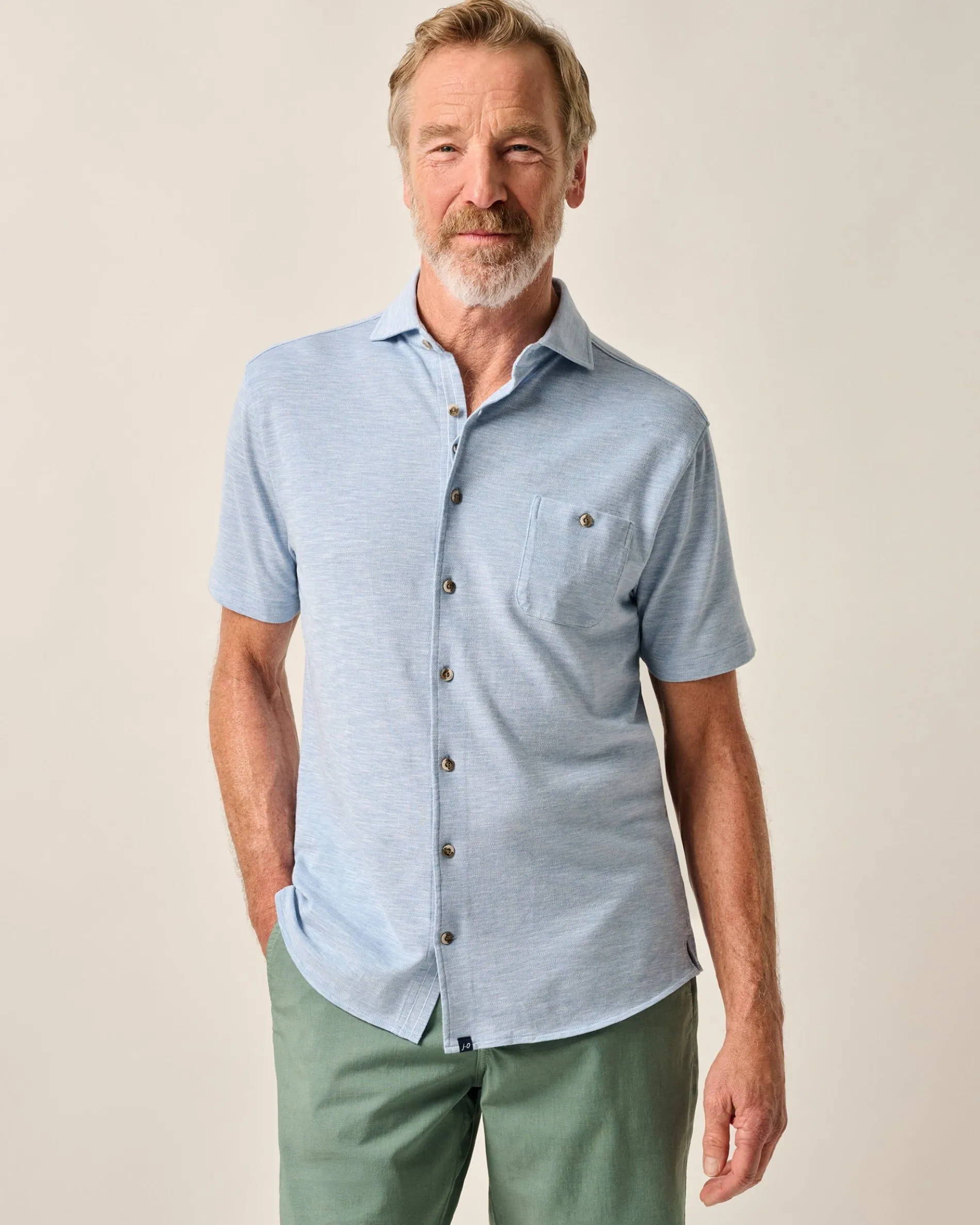 Short-Sleeve Knit Pique Button-Down Shirt - Tasca