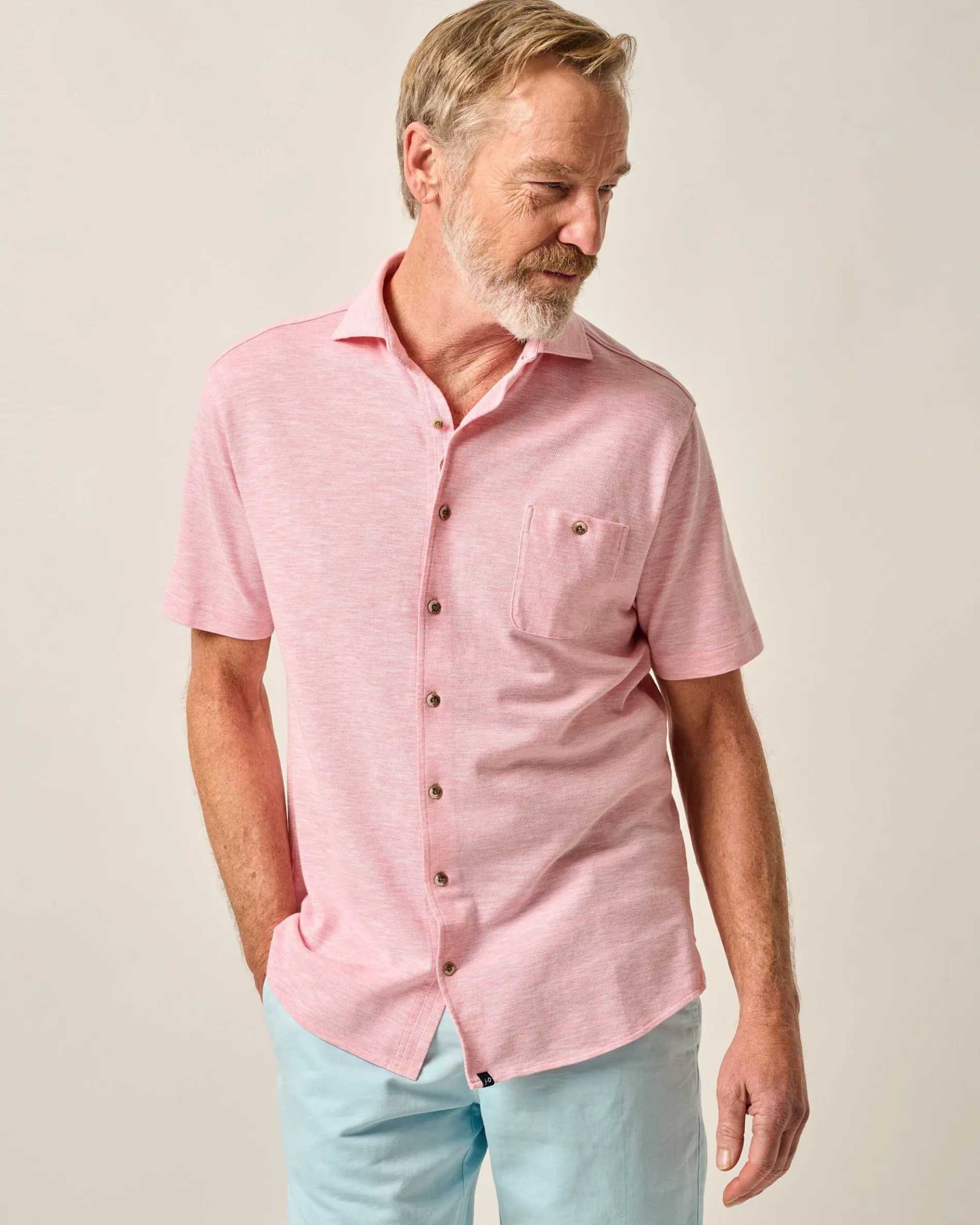 Short-Sleeve Knit Pique Button-Down Shirt - Tasca