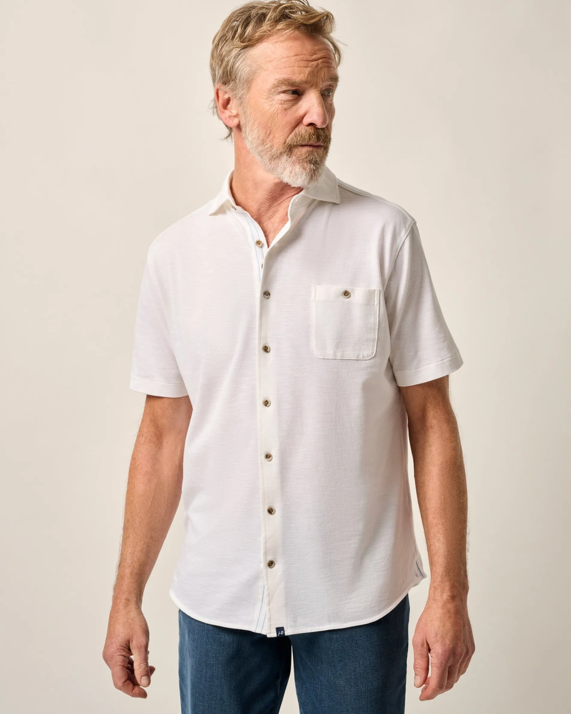 Short-Sleeve Knit Pique Button-Down Shirt - Tasca